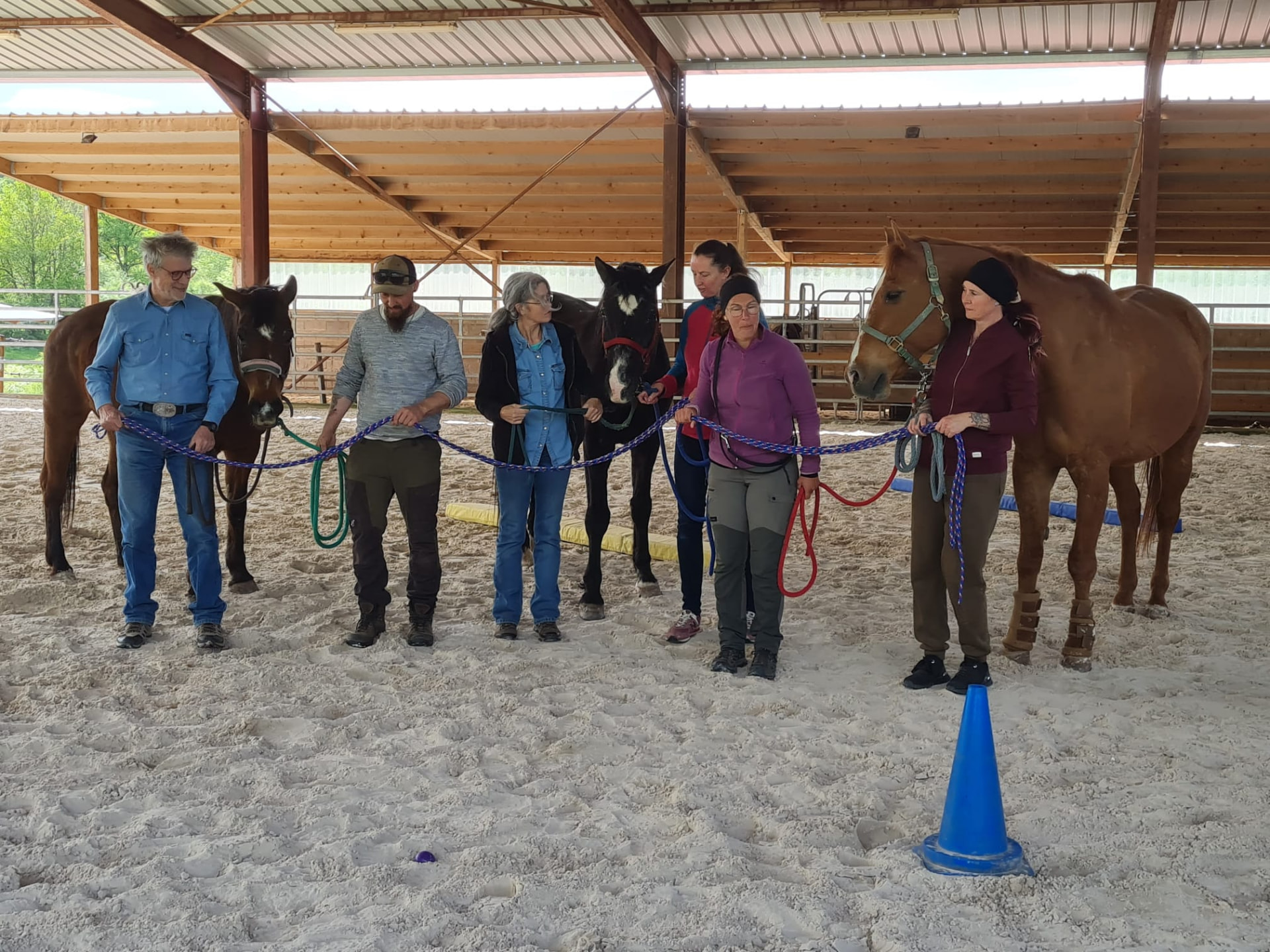 Seminargruppe mit Pferden und Seil in der Reithalle