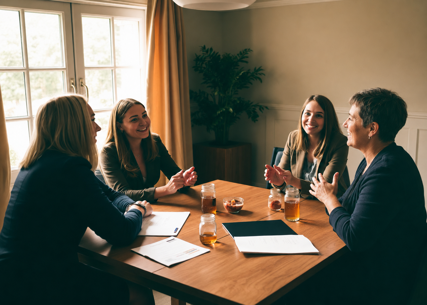 Coaching-Gespräch am Tisch mit vier Teilnehmerinnen
