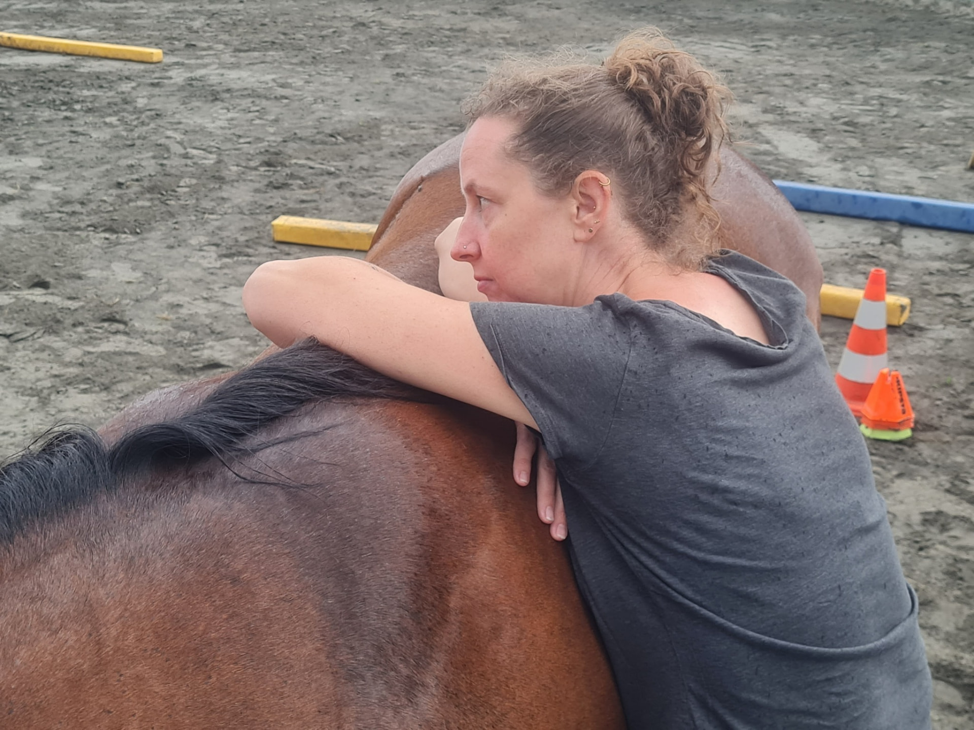 Frau lehnt sich vertrauensvoll an ein Pferd auf dem Reitplatz