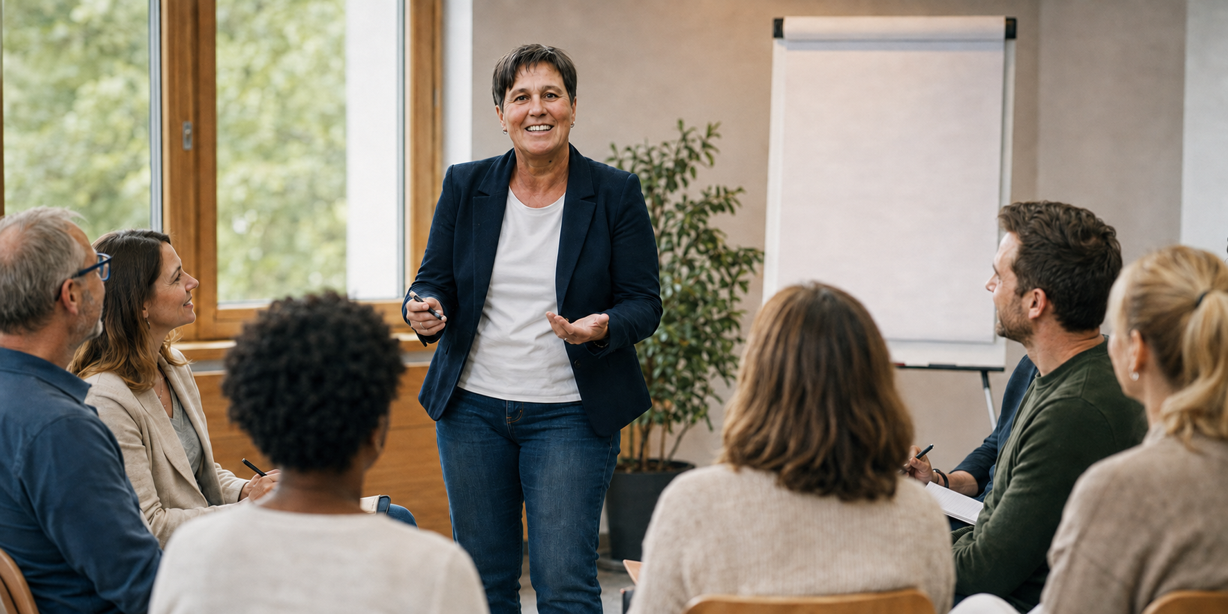 Susanne Knitter leitet ein Seminar mit einer Teilnehmergruppe im Stuhlkreis
